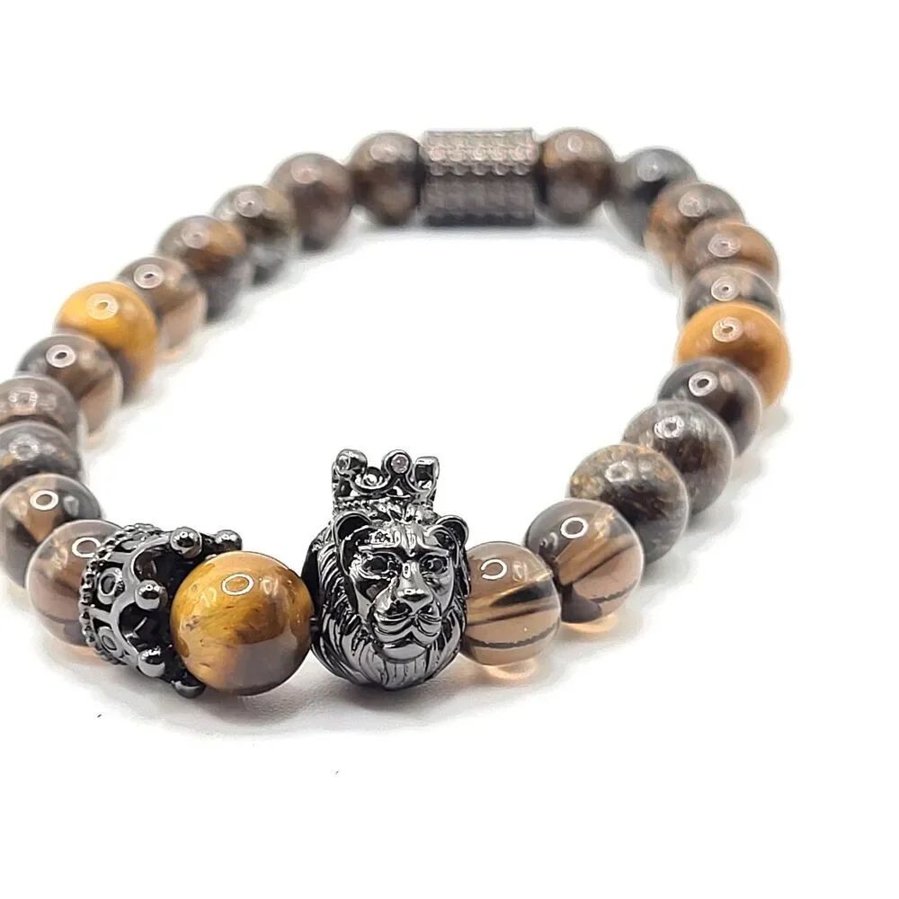 Artisan Healing Chocolate Tiger's Eye Granite Grey Crystal Lion and Crown 7.5in